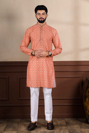 Orange Printed Cotton Men's Kurta Set (ACZ5440)