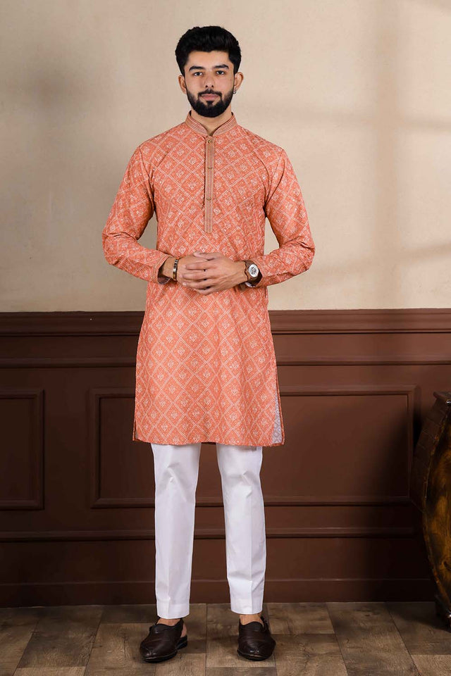 Orange Printed Cotton Men's Kurta Set (ACZ5440)