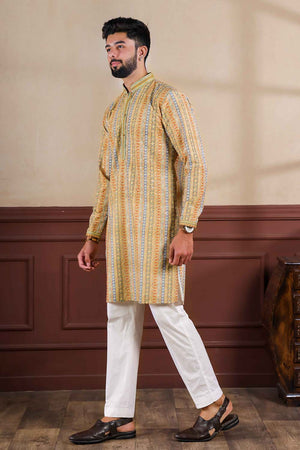 Yellow Printed Cotton Men's Kurta Set (ACZ5441)