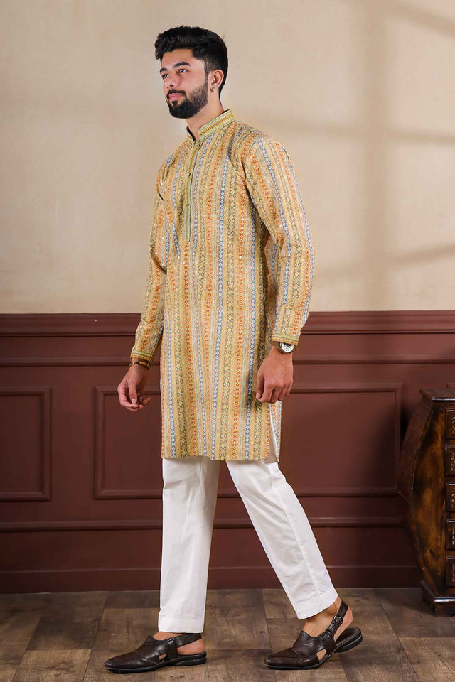 Yellow Printed Cotton Men's Kurta Set (ACZ5441)