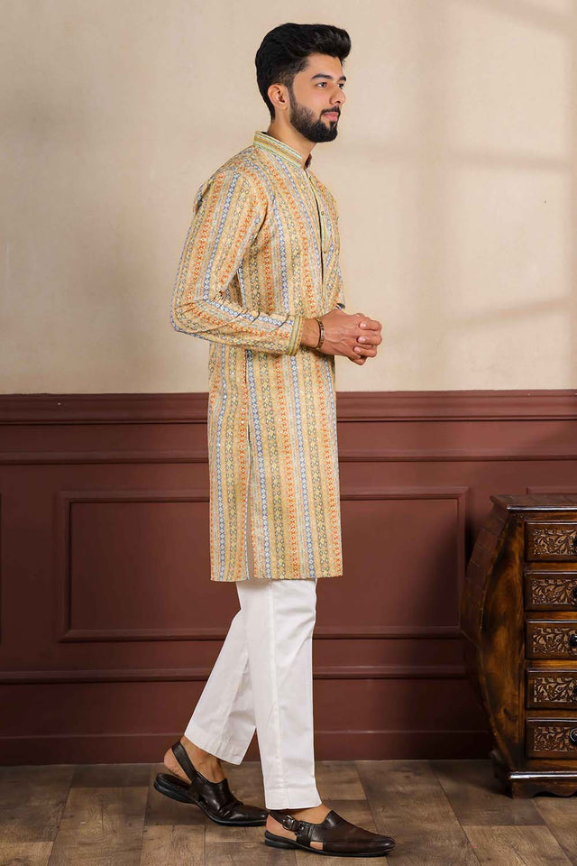 Yellow Printed Cotton Men's Kurta Set (ACZ5441)