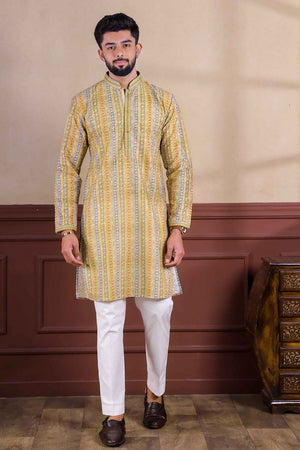 Yellow Printed Cotton Men's Kurta Set (ACZ5441)