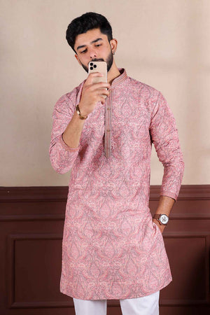 Pink Printed Cotton Men's Kurta Set (ACZ5443)