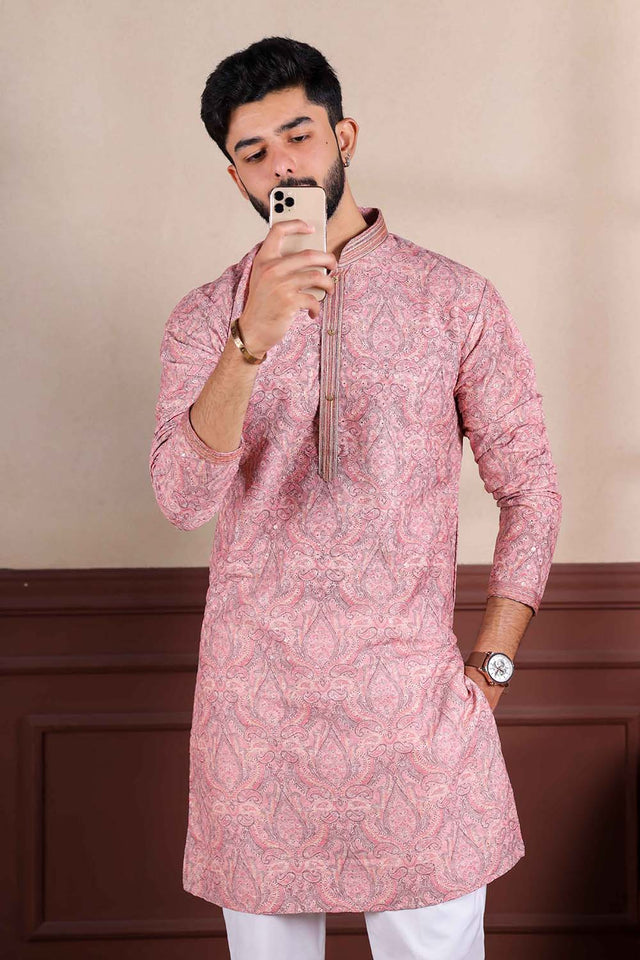 Pink Printed Cotton Men's Kurta Set (ACZ5443)