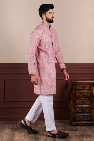 Pink Printed Cotton Men's Kurta Set (ACZ5443)