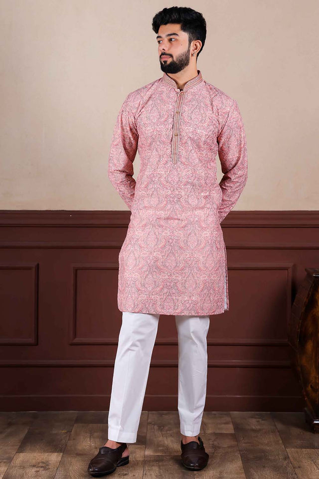 Pink Printed Cotton Men's Kurta Set (ACZ5443)