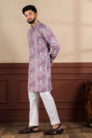 Light Lavender Printed Cotton Men's Kurta Set (ACZ5444)