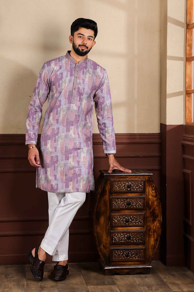 Light Lavender Printed Cotton Men's Kurta Set (ACZ5444)