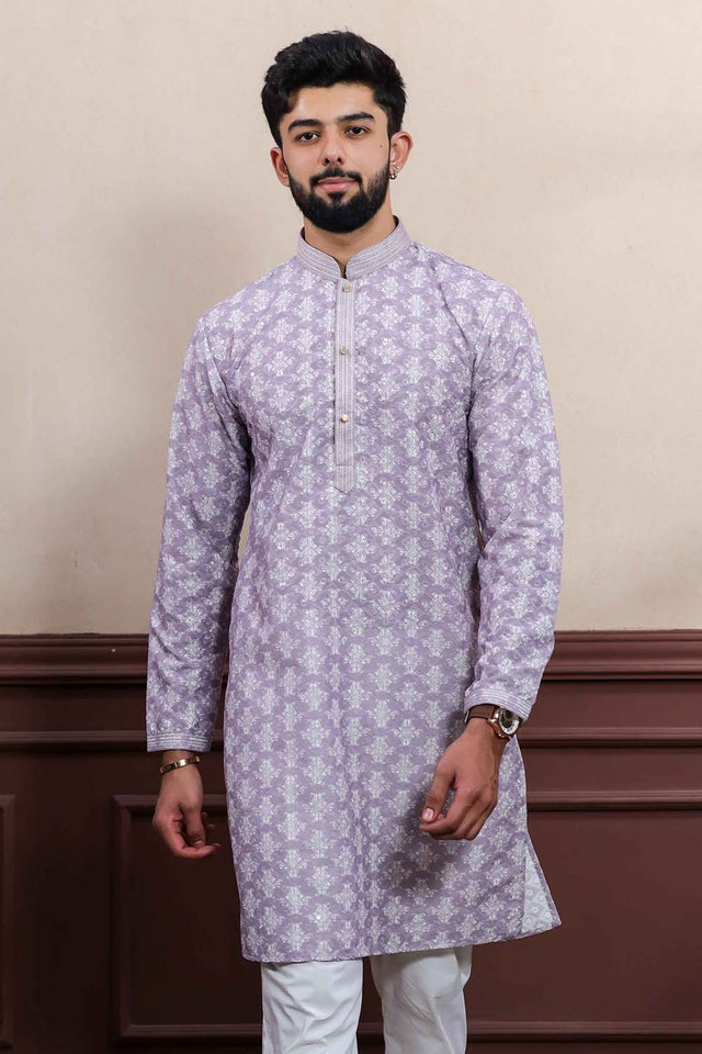 Violet Printed Cotton Men's Kurta Set (ACZ5445)