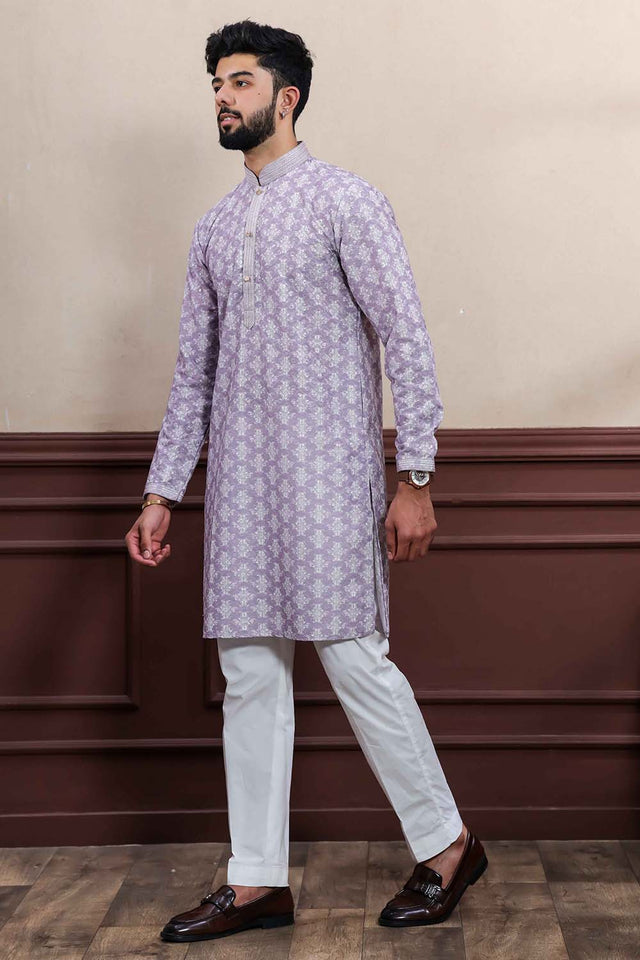 Violet Printed Cotton Men's Kurta Set (ACZ5445)