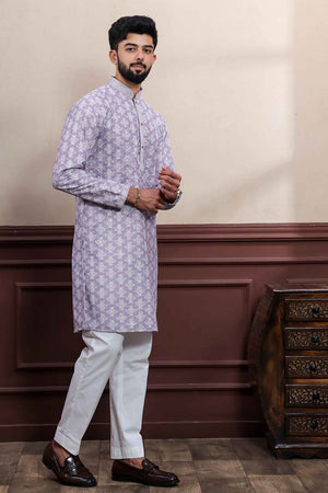 Violet Printed Cotton Men's Kurta Set (ACZ5445)