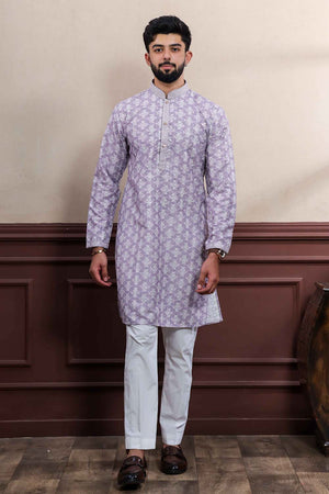 Violet Printed Cotton Men's Kurta Set (ACZ5445)