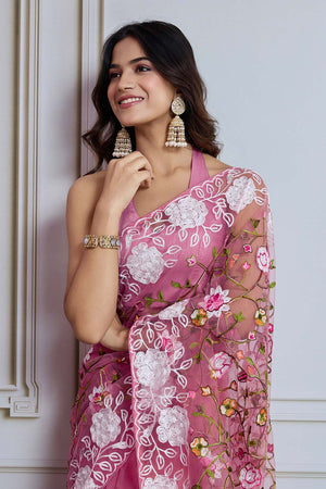 Pink Embroidered Soft Net Saree (ACZ5870)