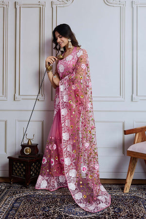 Pink Embroidered Soft Net Saree (ACZ5870)