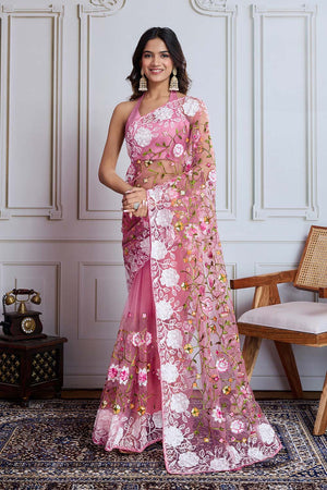 Pink Embroidered Soft Net Saree (ACZ5870)
