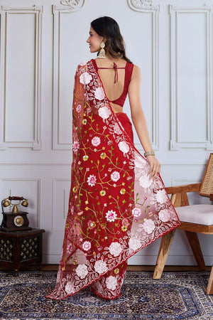 Red Embroidered Soft Net Saree (ACZ5871)