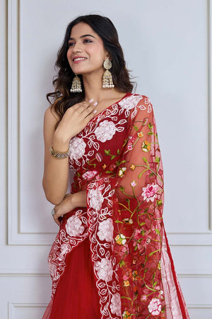 Red Embroidered Soft Net Saree (ACZ5871)