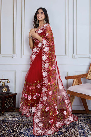 Red Embroidered Soft Net Saree (ACZ5871)