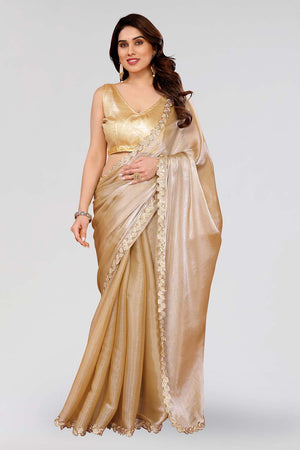 Beige Sequin with Embroidered Satin Saree