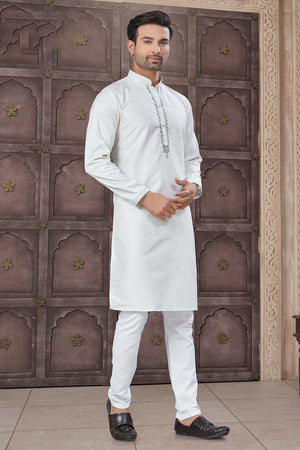 White Solid Cotton Men's Kurta Set