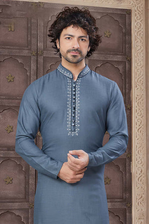 Grey Solid Cotton Men's Kurta Set
