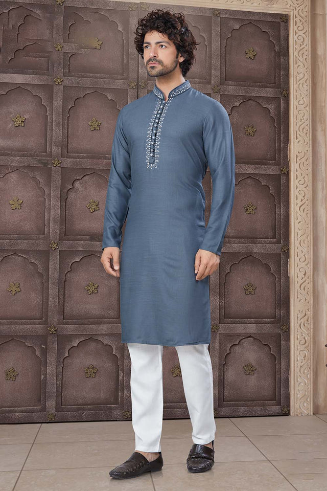 Grey Solid Cotton Men's Kurta Set