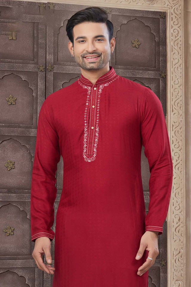 Red Solid Cotton Men's Kurta Set