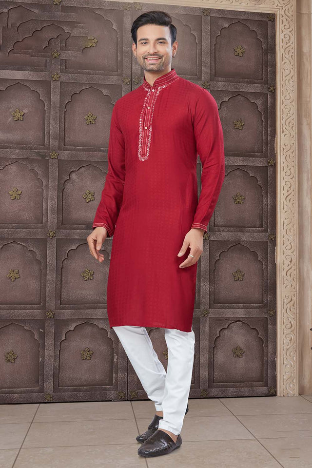 Red Solid Cotton Men's Kurta Set