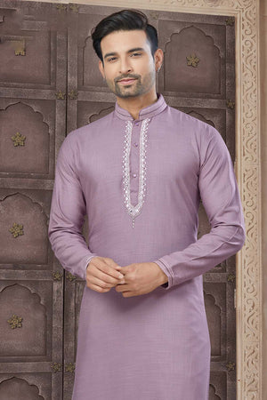 Violet Solid Cotton Men's Kurta Set
