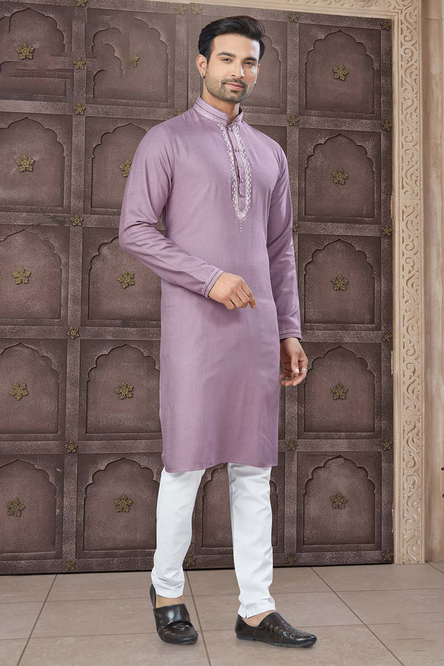 Violet Solid Cotton Men's Kurta Set