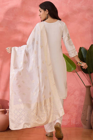 White Embroidered Silk Straight Cut Suit Set