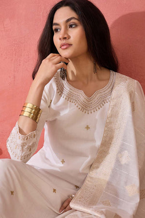 White Embroidered Silk Straight Cut Suit Set