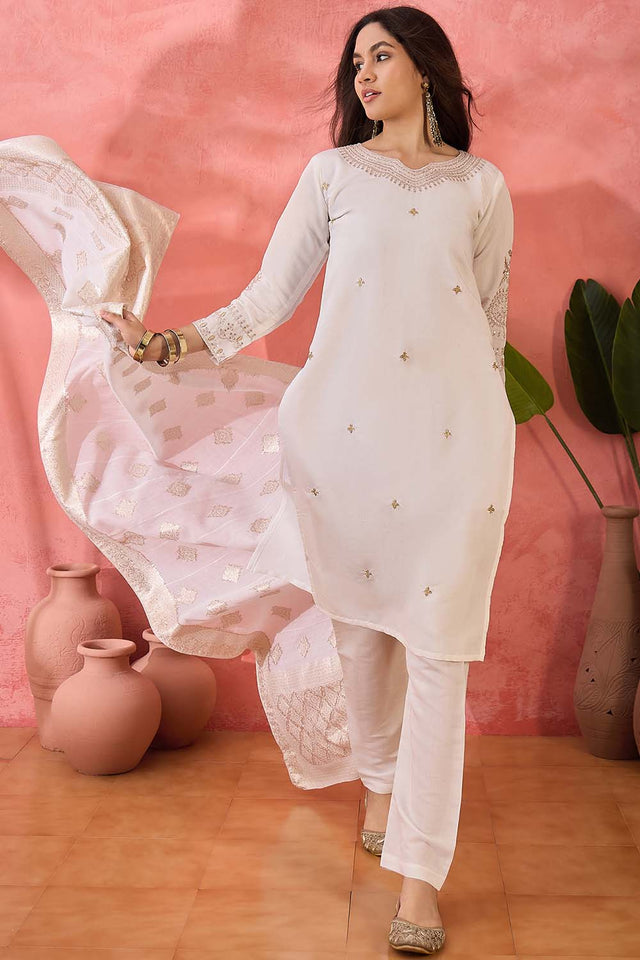 White Embroidered Silk Straight Cut Suit Set