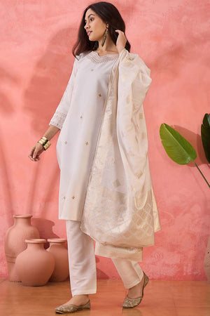 White Embroidered Silk Straight Cut Suit Set