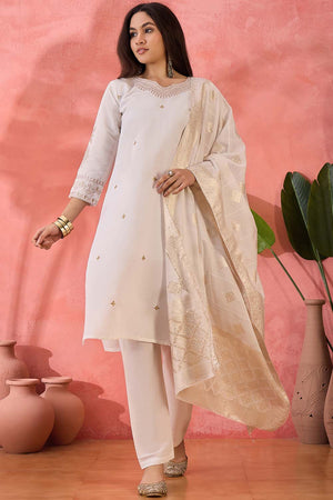 White Embroidered Silk Straight Cut Suit Set