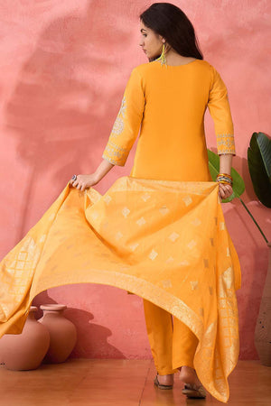 Yellow Embroidered Silk Straight Cut Suit Set