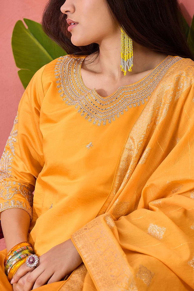 Yellow Embroidered Silk Straight Cut Suit Set