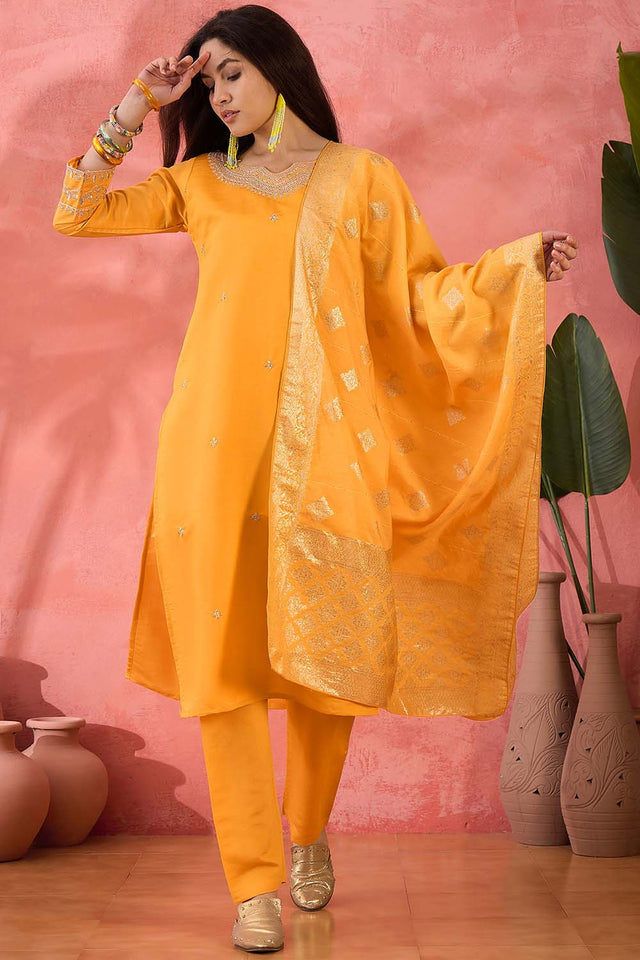 Yellow Embroidered Silk Straight Cut Suit Set