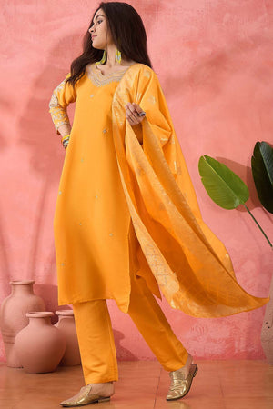 Yellow Embroidered Silk Straight Cut Suit Set