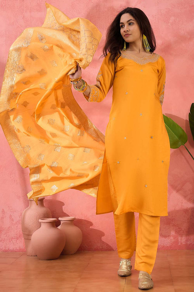 Yellow Embroidered Silk Straight Cut Suit Set
