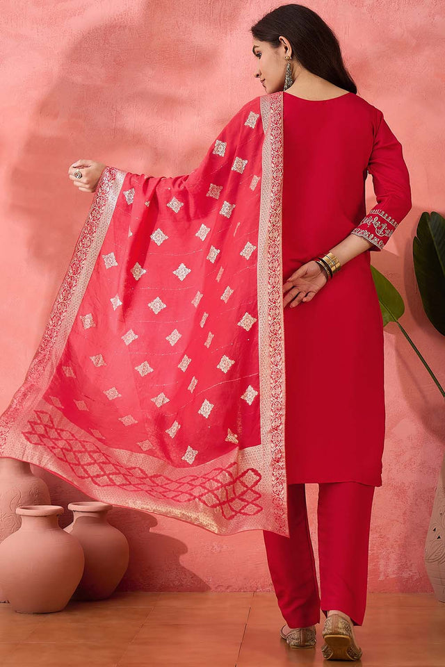 Pink Embroidered Silk Straight Cut Suit Set