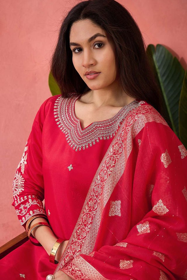 Pink Embroidered Silk Straight Cut Suit Set