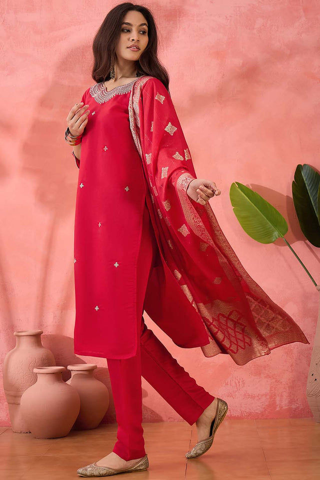 Pink Embroidered Silk Straight Cut Suit Set