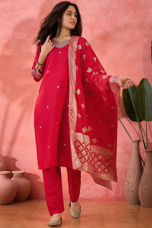 Pink Embroidered Silk Straight Cut Suit Set