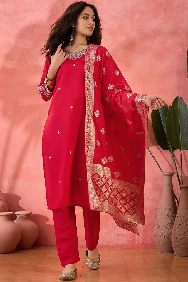 Pink Embroidered Silk Straight Cut Suit Set