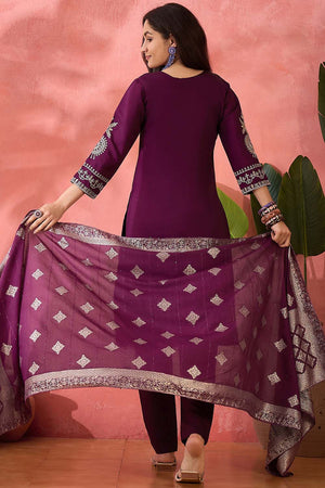 Wine Embroidered Silk Straight Cut Suit Set (ACZ6103)