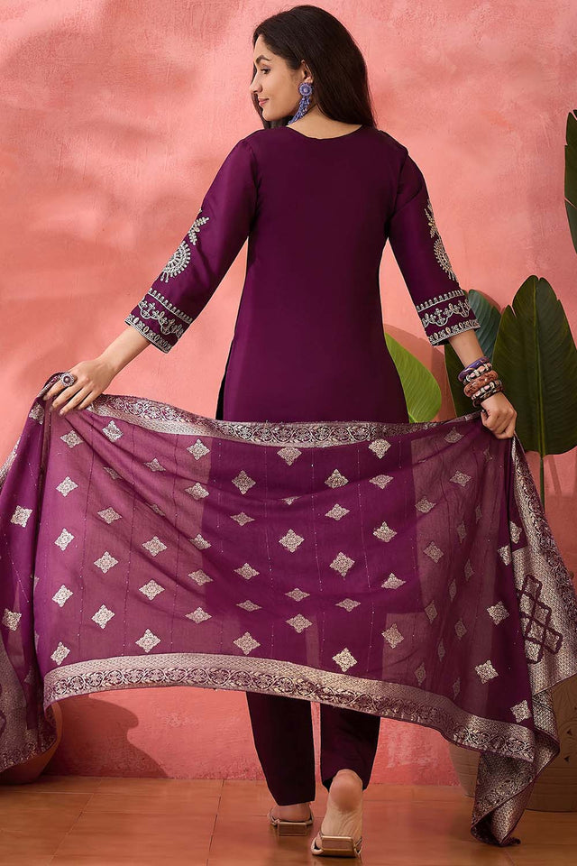 Wine Embroidered Silk Straight Cut Suit Set (ACZ6103)