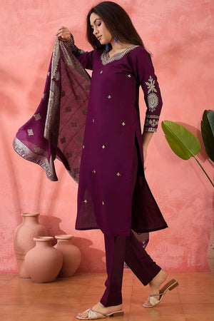 Wine Embroidered Silk Straight Cut Suit Set (ACZ6103)