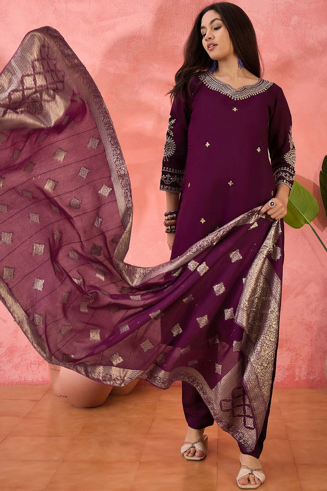 Wine Embroidered Silk Straight Cut Suit Set (ACZ6103)