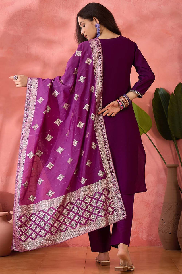 Violet Embroidered Silk Straight Cut Suit Set